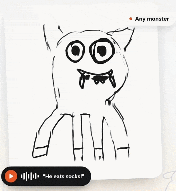 An animated kid's doodle of a friendly monster, titled “Any monster”, with a playable voice note captioned “He eats sockets!”